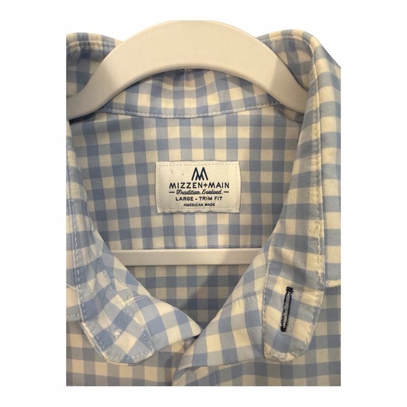 Mizzen + Main Trim Fit Gingham Blue White Long Sleeve Button Down Size Large DO1 - Picture 3 of 6